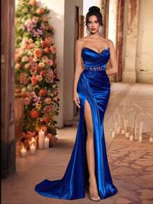Glamrae Elegant Navy Blue Satin Strapless Waistband See-Through Fishbone Sequins Trimmed Side High Slit Mermaid Tail Train Dress, Suitable For Dates, Vacations, Birthdays, Parties, Graduations, Weddings, Formal Events, Party Dress, Gown, For Evening, Wedding Guest,Graduation,Graduation Dresses For Women,Back To School Dress