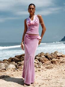 Opulessa 女士纯色 3D 花卉装饰圆领衬衫 - 紫色 - 查看 3