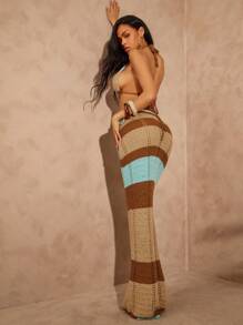 Hauture Low-Waist Brown And Beige Stripe Knitted Pants, Boho, Vacation
