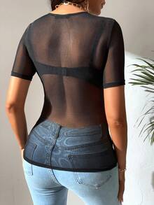 SHEIN Tall Top unicolor de cuello redondo de malla sin sujetador - Negro - Ver 2