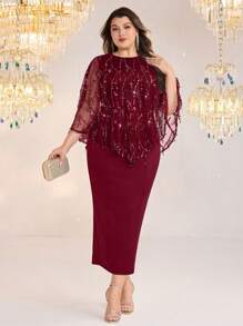 Modelyn Đầm bodycon dự tiệc thanh lịch cỡ lớn cho nữ & áo sequin 2 mảnh - Màu Đỏ Sâu - Xem 6