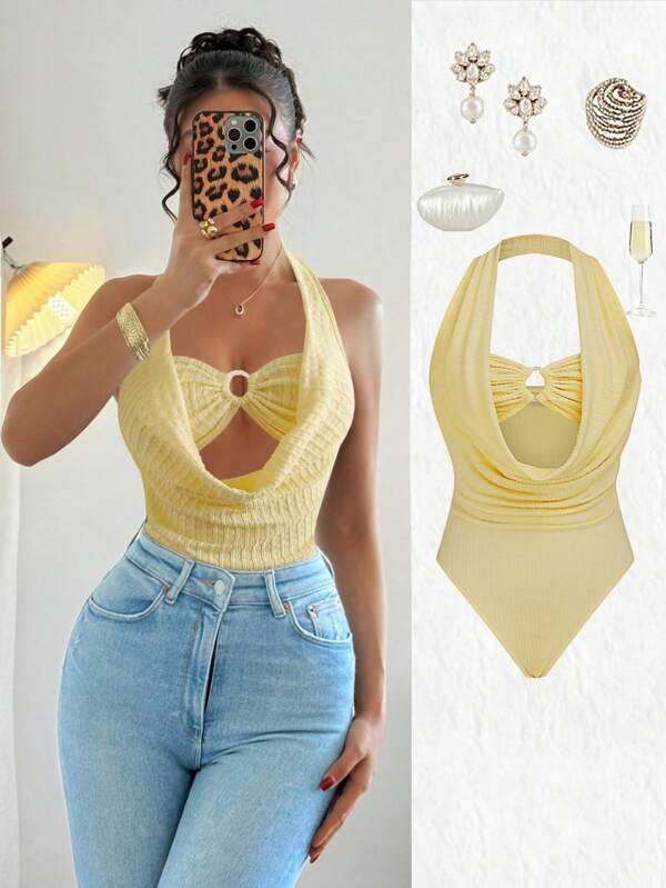 Elenzga Conjunto de body de vacaciones de verano con diseño de rayas texturizadas en amarillo cremoso, estilo bralette con tirantes finos, para mujeres, cómodo