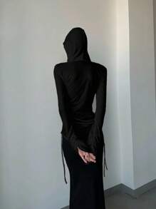 INAWLY 女式纯色透明褶饰抽绳连帽T恤上衣 - 黑色 - 查看 2