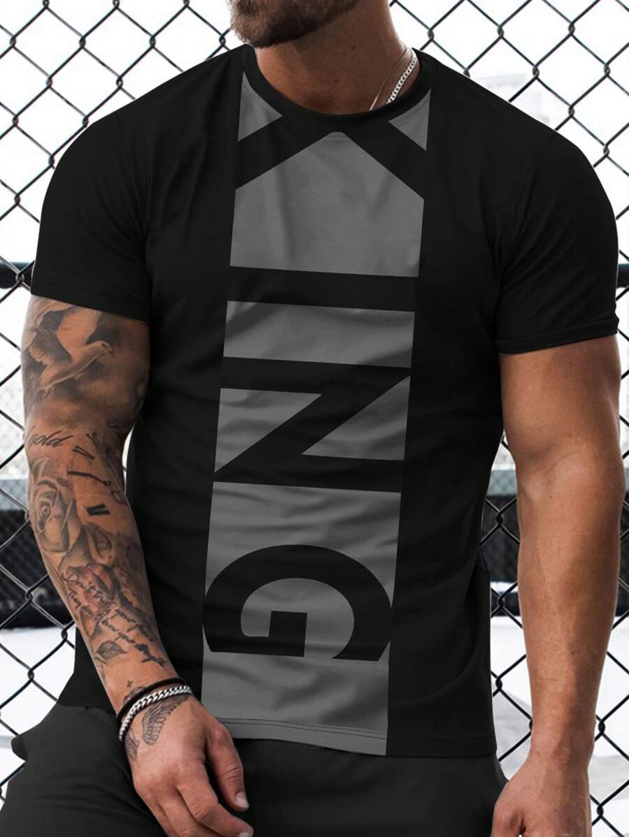 Manfinity LEGND Men's Summer Letter Printed Round Neck Short Sleeve Casual T-Shirt - Black - View 1