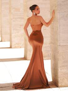 Glamrae 优雅的棕色缎纹扭纹褶饰串珠紧身胸衣高开叉鱼尾下摆鸡尾酒礼服，适合约会、单身派对、生日、毕业典礼、舞会、婚礼、正式晚会、黑色领带活动、派对礼服、礼服、晚会、婚礼宾客 - 棕色 - 查看 4