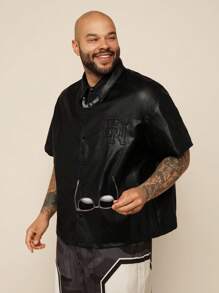 EASEVO 大码男士宽松街头时尚字母压花黑色短袖仿皮衬衫 - 黑色 - 查看 3