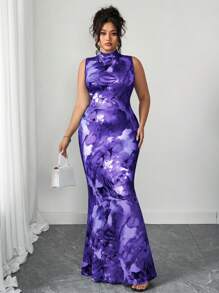 Elenzga Floral Print High Neck Sleeveless Dress, High Waisted Slimming Vintage Chic Midi Dress, Elegant Ruffled Waist Belted Maxi A-Line Floral Dress, French Holiday Casual Long Dress, Summer New Vacation Belted Long Dress, Knitted Floral Print Dress