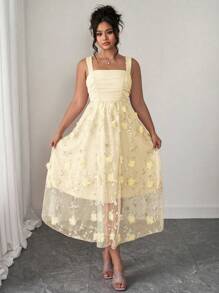 Elenzga Váy Maxi in hoa không tay trễ vai thanh lịch màu trơn cỡ lớn dành cho nữ, phong cách xuân hè lãng mạn cao cấp - Màu vàng - Xem 3