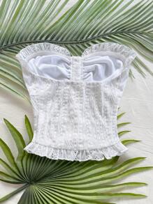 Soleia 女式白色休闲纹理面料荷叶边露肩纽扣衬衫，适合度假、海滩、夏季、波西米亚风、钩针、亚麻， - 白色 - 查看 2