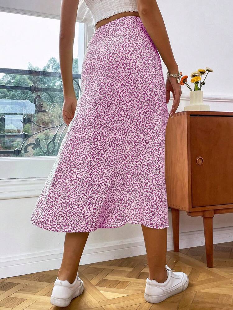 High Waist Ditsy Floral Split Thigh Skirt
