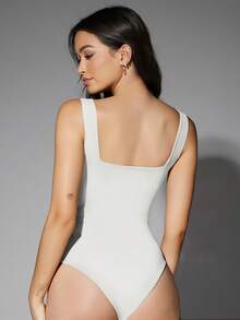 Silquee 1 pieza Body de cuello cuadrado de color sólido - Blanco - Ver 2