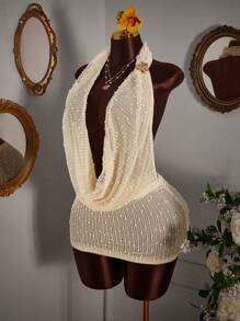 Amplova 女士性感V领露背迷你吊带裙，夏季 - 杏色 - 查看 6