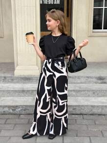 SHEIN Combinaison Ample À Jambes Larges À Manches Courtes Casual Ajustée Pour Fille Pré-adolescente, Patchwork À Motif Géométrique