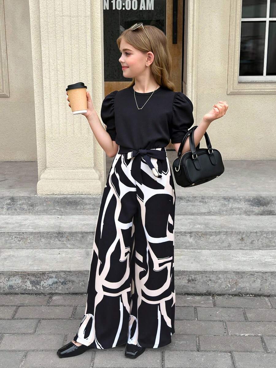 SHEIN Combinaison Ample À Jambes Larges À Manches Courtes Casual Ajustée Pour Fille Pré-adolescente, Patchwork À Motif Géométrique