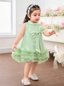 SHEIN Baby Girl Woven Plain Collar Splicing Mesh Ruffle Hem Fitted Dress - Green - View 1