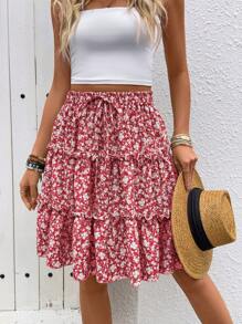 Breezaya Spring/Summer Ditsy Floral Layered Frill Trim Skirt For Vacation - Red - View 4