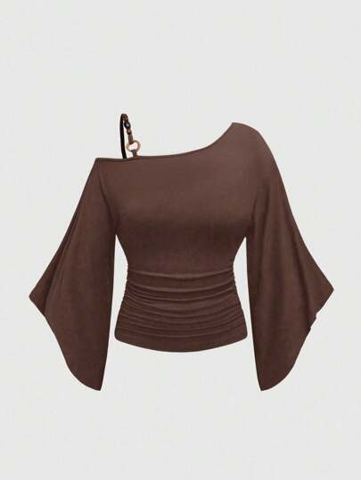 Hippie Vintage Oversized Asymmetrical Shoulder Wooden Bead Decor Batwing Sleeve Women T-Shirt