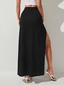 SHEIN PETITE Solid Split Thigh Summer Women Black Skirt - Black - View 2