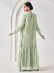 Veilorie Women's Solid Color Mandarin Collar Long Sleeve Ruffled Hem Casual Dress - Green - View 7