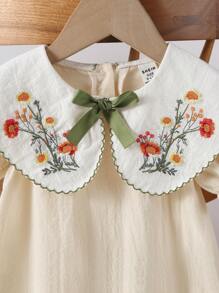Souflis Souflis Baby Girls Floral Embroidery Smocked Collar Short Sleeve Dress - Beige - View 4