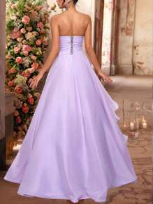 Glamrae 优雅奢华串珠亮片拼布欧根纱荷叶边超长连衣裙，下摆超大，适合婚礼、派对、度假、舞会、晚会（重饰）、正式、派对礼服、礼服，适合婚礼宾客 - 紫色 - 查看 4