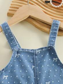 Girls' Denim Bow Print Ruffle Trim Jumpsuit Overall, Versatile - Blue - View 5