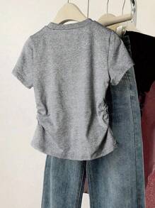 INAWLY 女式束腰T恤，夏季骑士印花图案 - 灰色 - 查看 2