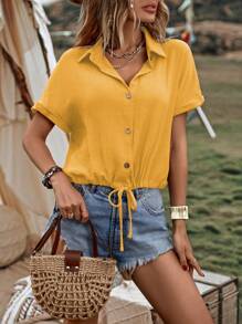 SHEIN LUNE Solid Button Front Drawstring Hem Shirt