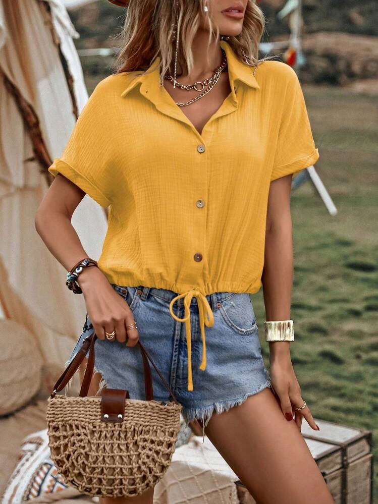 EMERY ROSE Solid Button Front Drawstring Hem Shirt - Yellow - View 6