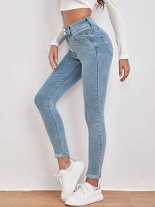 EMERY ROSE High Waist Slant Pocket Skinny Black Jeans - Light Wash - View 1