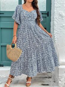 SHEIN Clasi Curve Plus Size Women's Romantic Daily Leisure Vacation Blue And White Ditsy Floral Sweetheart Neck Ruffled Lotus Sleeve Waist A-Line Long Dress,Honeymoon Outfits Woman,Summer Dresses For Women,Vacation Outfits Woman,Country Concert Outfit,Casual Dress,Ruffle Skirt,Going Out,Ditsy Floral Dress Women - Blue and White - View 1