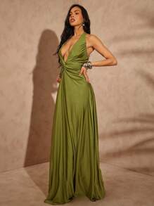 Hauture 女式夏季度假性感夜场橄榄绿后背扭纹低V领长裙 - 綠色 - 查看 5