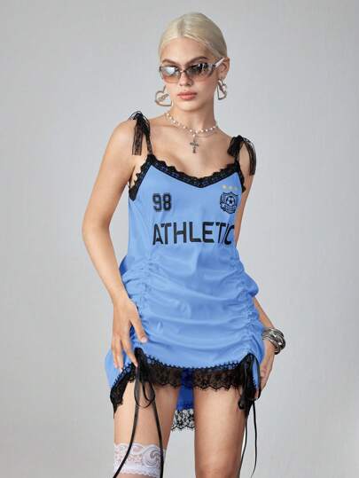 ROMWE Avant Y2K Lace Trim Drawstring Blouson Short Dress For Women