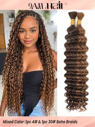 2pcs Braiding Hair Bulk No Weft Deep Wave Crochet Human Hair Mixed Color 4/30# Virgin Human Hair Extension Knotless Braids Hair Extensions Halloween Costumes