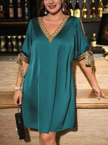 DreamSkyne Vestido de mujer con escote en V, parches y hombros con lazos recortados, para primavera/verano - Agua verde azul - Ver 4