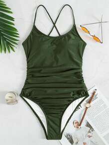 SHEIN Swim Summer Beach Ruched Backless One Piece Swimsuit - Army Green - View 8