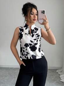Elenzga V-Neck Silhouette Print Sleeveless Half-Placket Shirt Blouse