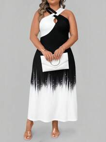 SHEIN LUNE Plus Size Women Ombre Halter Neck Dress, Suitable For Outdoor & Holiday - Multicolor - View 6