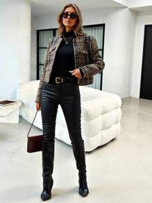 Lavishia 秋冬格纹翻盖口袋前开式粗花呢大衣