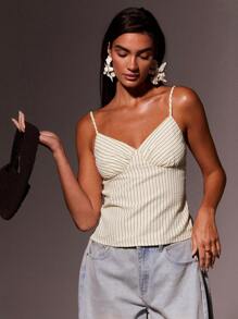 Athîral Top de tirantes de popelina a rayas para mujer, para las cuatro estaciones - Amarillo - Ver 4