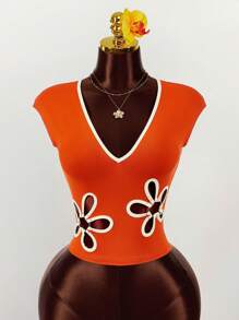 Amplova Women's Laser Cutout V-Neck Sleeveless Top, Summer - Orange - View 1