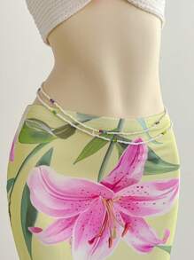 Soleia 2 件套女式针织纹理印花长裙，带人造花装饰，适合海滩度假、约会、音乐节、波西米亚风格