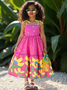 Vestido informal con estampado floral verde + sombrero para niñas, genial para uso diario, salidas, vacaciones, temporada de primavera/verano, nuevos lanzamientos
