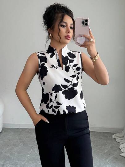 Elenzga Blusa con cuello en V, estampada y sin mangas con cierre a media altura