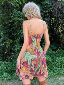 SHEIN ICON Grunge Tropical Print Contrast Lace Knot Front Cami Dress - Multicolor - View 7