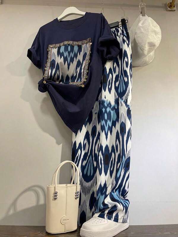 Chiquease Vintage Print T-Shirt And Wide Leg High Waist Loose Pants Set