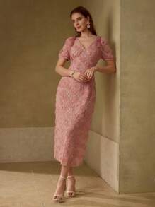 MOTF PREMIUM APPLIQUES LACE OVERLAY BOW SHOULDER PUFF SLEEVE DRESS - Pink - View 5