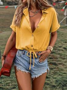 SHEIN LUNE Solid Button Front Drawstring Hem Shirt