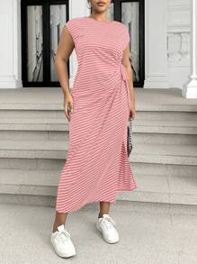 Calvaya Plus Size Round Neck Striped & Floral Printed Tie Shoulder One Shoulder Split Sleeve Summer Dress Maxi Women Outfit
