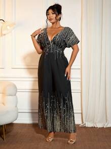 Cravure Plus Size Women V-Neck Batwing Sleeve Metallic Sequins Graphic Jumpsuit, Sexy Wide Leg One Piece Playsuit For Summer - Multicolor - View 4